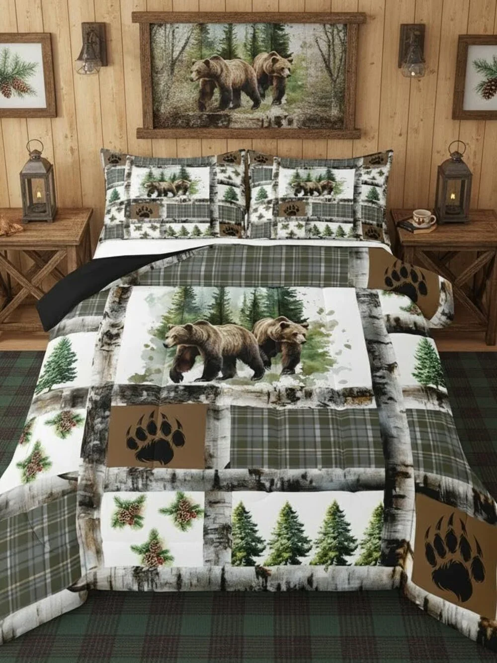 Rustic Bear Bedding Set Hunting Theme Comforter Set for Kids Boys Girls Bear Paw
